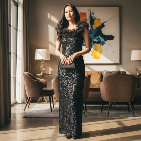 Vintage Attitudes By Debra Black Sequin Gown W/ Tulle Ruffle Neckline - Picture 1 of 7